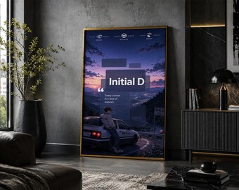 Póster de Initial D: Lámina de arte minimalista vintage de anime y manga.