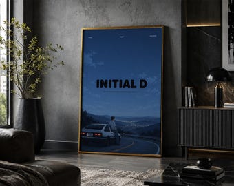Póster de Initial D: Lámina de arte minimalista vintage de anime y manga.