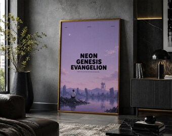 Póster de Neon Genesis Evangelion: Lámina de arte minimalista vintage de anime y manga.