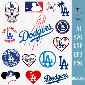 Puede incluir: Una colección de diseños gráficos digitales de los Los Angeles Dodgers que incluye el logotipo del equipo, pelotas de béisbol, corazones, una calavera y la palabra Dodgers en cursiva. Formatos AI, SVG, DXF, EPS y PNG incluidos.