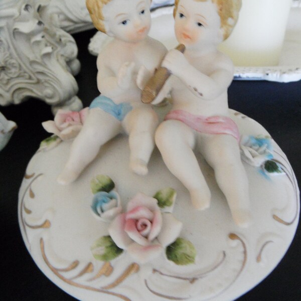 SALE 2 for the price of 1 Vintage Bisque Angle Cherubs Trinket Box Candy Dish Shabby Chic Pastel Colors