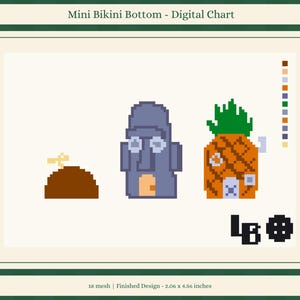 May include: A digital cross-stitch chart titled Mini Bikini Bottom featuring pixel art of three structures: a brown rock, a gray stone head, and an orange pineapple house. Includes a color key, the text LB, and 18 mesh finished design 2.06 x 4.56 inches.