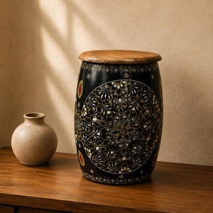 May include: A barrel-shaped stool with a natural wood top and a black cylindrical base featuring intricate white, gold, and red floral patterns. Beside it sits a small, round, beige ceramic vase with a narrow neck and a smooth finish.