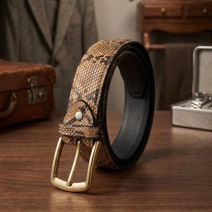 Puede incluir: Un cinturón con un patrón de piel de serpiente en tonos beige y marrón en el exterior y un forro negro liso en el interior. El cinturón cuenta con una hebilla de metal en tono dorado pulido y un remache de metal plateado cerca de la hebilla.