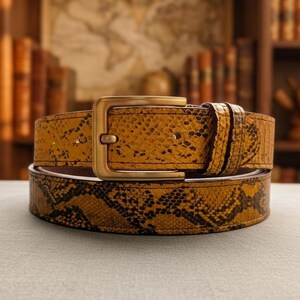 Puede incluir: Un cinturón de color amarillo mostaza con un patrón de piel de serpiente marrón oscuro en toda la tira. El cinturón incluye una hebilla rectangular de metal en tono latón cepillado y una trabilla a juego, con acabado texturizado y bordes cosidos.