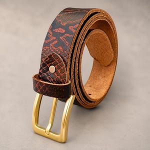 Brown Python Embossed Leather Belt, Handmade Genuine Cowhide, Gold Buckle