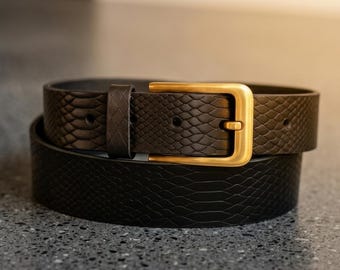 Men's Black Snakeskin Embossed Leather Belt, Antique Gold Buckle, Genuine Cowhide Python Print
