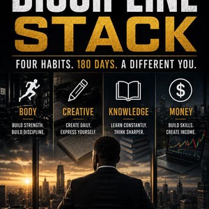 May include: A poster titled THE DISCIPLINE STACK with the subtitle FOUR HABITS. 180 DAYS. A DIFFERENT YOU. It features four icons representing Body, Creative, Knowledge, and Money, with text descriptions for each, and a bottom caption: A 6-MONTH SYSTEM TO TAKE CONTROL OF YOUR HABITS, TIME, AND FUTURE.