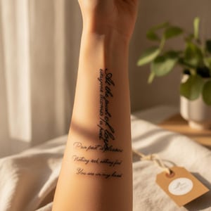 Może przedstawiać: Tymczasowy tatuaż na przedramieniu z czarnym tekstem pisanym kursywą. Pionowy tekst brzmi, At the touch of love everyone becomes a poet. Poniżej znajdują się trzy poziome linie, Pain past is pleasure, Nothing seek nothing find, You are in my heart.