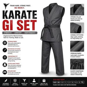 May include: A dark gray karate gi set featuring a sleeveless top with a reinforced collar and matching pants with an elastic drawstring waistband. The set includes a belt and displays text including "TRAIN HARD. STRIKE FIRST. NO MERCY."
