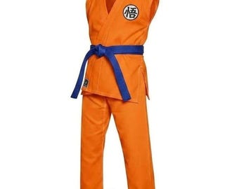 Goku Orange Karate Gi, Anime Martial Arts Uniform, Sleeveless Training Suit (Blue Belt)