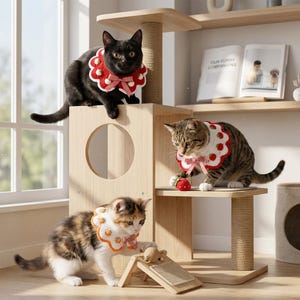 May include: Three cats wearing crocheted collars with scalloped edges and small fruit motifs. One black cat wears a red collar with white pom-poms, a tabby cat wears a white collar with red strawberries, and a calico cat wears a white collar with orange fruits.