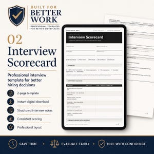Könnte beinhalten: Ein digitales Tablet zeigt eine Vorlage für ein Interview-Scorecard mit Feldern für den Namen des Kandidaten, die Position und die Kompetenzbewertung. Das Dokument enthält eine Bewertungsskala von 1 bis 5 sowie Bereiche für Interviewnotizen.