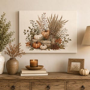 May include: A rectangular canvas wall art print featuring a detailed illustration of a wooden crate filled with orange and white pumpkins, surrounded by dried wheat stalks, autumn leaves, and various wild grasses in warm, earthy, neutral tones.