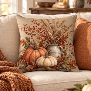 May include: A square throw pillow featuring a printed illustration of two pumpkins, one orange and one white, alongside a ceramic pitcher filled with wheat stalks, dried leaves, and orange berries on a light beige background.