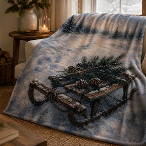 May include: A soft fleece throw blanket featuring a printed winter scene of a rustic wooden sled resting on a snowy ground. The sled is decorated with a bundle of evergreen pine branches and pinecones tied together with a simple twine string.