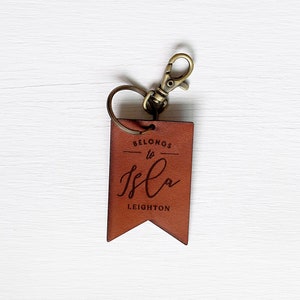 Custom Leather Tag Keychain • Personalized Luggage or Backpack Tag for Kids & Adults • Top Grain Cognac Engraved Leather • Custom Name Badge