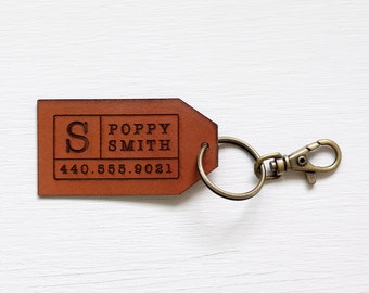 Custom Leather Tag Keychain • Personalized Luggage or Backpack Tag for Kids & Adults • Top Grain Cognac Engraved Leather • Custom Name Badge