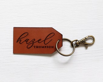 Custom Leather Tag Keychain • Personalized Luggage or Backpack Tag for Kids & Adults • Top Grain Cognac Engraved Leather • Custom Name Badge