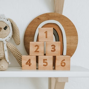 Modern Wooden Alphabet Blocks • Handmade Letter and Numeral Blocks on Solid Wood • Montessori Wooden Baby Toys • Made in USA • FREE SHIPPING