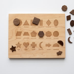 Wooden Shapes Board with Matching Shape Pieces • Modern Large Montessori Puzzle & Stand • Geometry Learning Board and Shapes • Wooden Toy