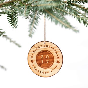 Baby's First Christmas Custom Keepsake Ornament • Personalized Engraved Wooden Ornament • Modern Heirloom Christmas Gift for Babies and Kids