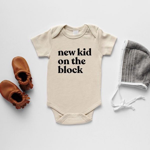 New Kid On The Block Organic Baby Bodysuit • Gender Neutral Modern GOTS Certified Baby Outfit • Unique Luxe Hand-Printed Bodysuit in Cream