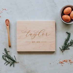 Custom Cutting Board • Modern Calligraphy Surname and Wedding Date Engraved Handmade Cutting Board • Unique Wedding Gift