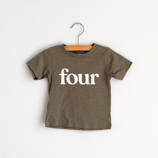 Four Modern Fourth Birthday Shirt • Olive Green Graphic Tee for 4th Birthdays • Modern Toddler Birthday Tee For 4 Year Olds • Four