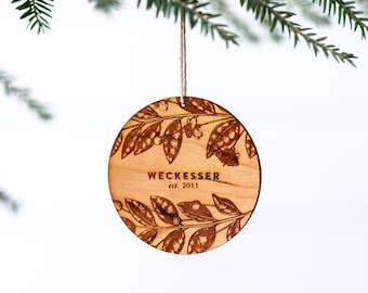 Custom Christmas Ornament • Keepsake Wood Holiday Decor • Personalized Engraved Wooden Ornament • Modern Botanical Heirloom Christmas Gift