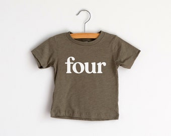 Four Modern Fourth Birthday Shirt • Olive Green Graphic Tee for 4th Birthdays • Modern Toddler Birthday Tee For 4 Year Olds • Four