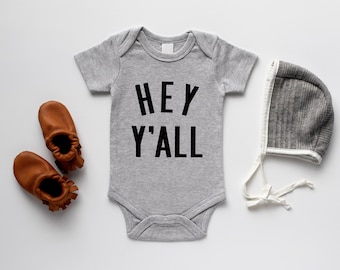 Hey Y'All Organic Baby Bodysuit • Unisex Modern GOTS Certified Baby Outfit • Unique Gender Neutral Luxe Hand-Printed Bodysuit in Gray