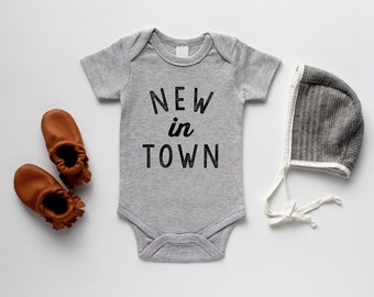 New In Town Organic Baby Bodysuit • Unisex Modern GOTS Certified Baby Outfit • Unique Gender Neutral Luxe Hand-Printed Bodysuit in Gray