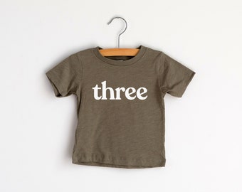 Three Modern Third Birthday Shirt • Olive Green Graphic Tee for 3rd Birthdays • Modern Toddler Birthday Tee For 3 Year Olds