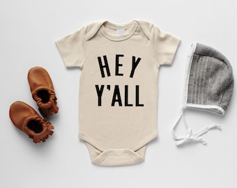 Hey Y'All Organic Baby Bodysuit • Unisex Modern GOTS Certified Baby Outfit • Unique Gender Neutral Luxe Hand-Printed Bodysuit in Cream