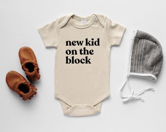 New Kid On The Block Organic Baby Bodysuit • Gender Neutral Modern GOTS Certified Baby Outfit • Unique Luxe Hand-Printed Bodysuit in Cream