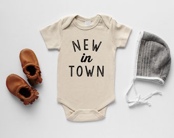 New In Town Organic Baby Bodysuit • Unisex Modern GOTS Certified Baby Outfit • Unique Gender Neutral Luxe Hand-Printed Bodysuit in Cream