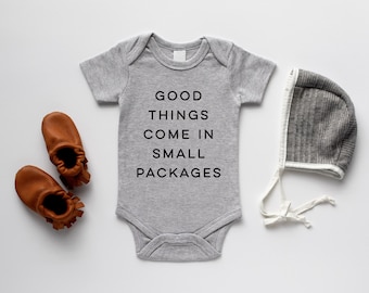 Good Things Come In Small Packages Organic Baby Bodysuit • Gender Neutral GOTS Certified Baby Outfit • Unique Hand-Printed Bodysuit in Gray