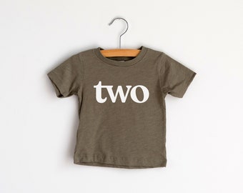 Two Modern Second Birthday T-Shirt • Modern Typographic Style Tee for Trendy Little Two Year Olds • Olive Green Second Birthday Shirt
