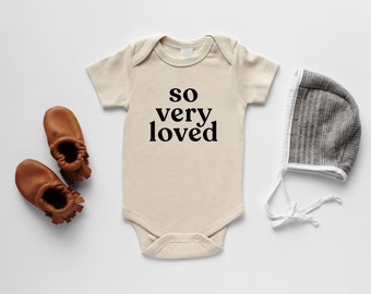 So Very Loved Organic Cotton Baby Bodysuit • Gender Neutral Modern GOTS Certified Baby Outfit • Unique Luxe Hand-Printed Bodysuit in Cream