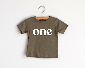 One Modern First Birthday Baby and Kids Tee in Olive • Modern Typographic Style Tee for Trendy Little One Year Olds • First Birthday Shirt