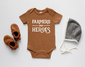 Farmers Are Heroes Organic Baby Bodysuit • Modern GOTS Certified Baby Outfit • Unique Luxe Hand-Printed Bodysuit in Camel Cotton & White Ink