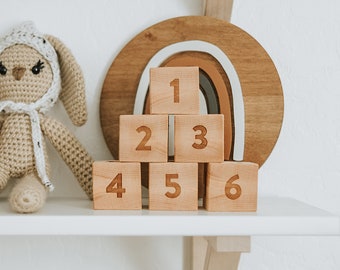 Modern Wooden Alphabet Blocks • Handmade Letter and Numeral Blocks on Solid Wood • Montessori Wooden Baby Toys • Made in USA • FREE SHIPPING