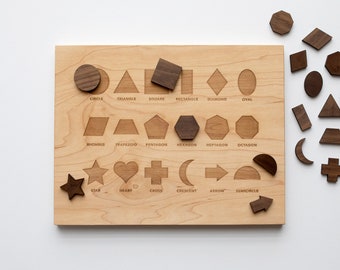 Wooden Shapes Board with Matching Shape Pieces • Modern Large Montessori Puzzle & Stand • Geometry Learning Board and Shapes • Wooden Toy