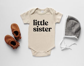 Little Sister Organic Baby Bodysuit • Modern GOTS Certified Baby Outfit • Unique Luxe Hand-Printed Bodysuit in Cream Cotton & Black Ink