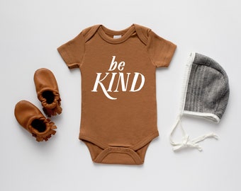 Be Kind Organic Baby Bodysuit • Modern GOTS Certified Baby Outfit • Unique Luxe Hand-Printed Bodysuit in Camel Cotton & White Ink