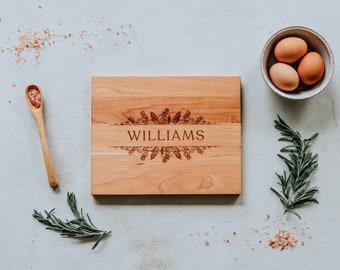 Custom Cutting Board • Modern Floral Design with Personalized Surname • Handmade in USA Cutting Board with Engraved Name