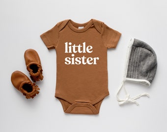 Little Sister Organic Baby Bodysuit • Modern GOTS Certified Baby Outfit • Unique Luxe Hand-Printed Bodysuit in Camel Cotton & White Ink