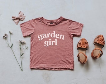 Garden Girl Mauve Baby & Kids T-Shirt • Modern Typographic Tee for Trendy Babies and Little Girls • Unique Tee For Gardeners in Mauve Pink