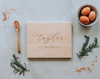 Custom Cutting Board • Modern Calligraphy Surname and Wedding Date Engraved Handmade Cutting Board • Unique Wedding Gift